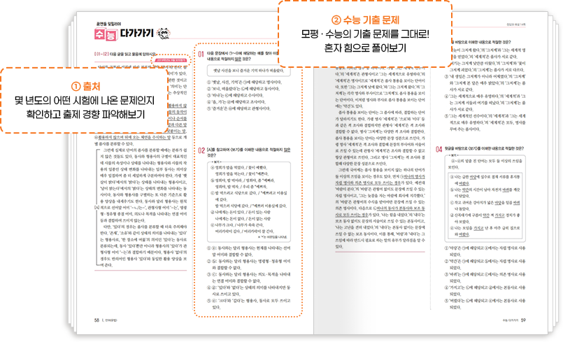 1. 출처: 몇 년도의 어떤 시험에 나온 문제인지 확인하고 출제 경향 파악해보기, 2. 수능 기출 문제: 모평·수능의 기출 문제를 그대로! 혼자 힘으로 풀어보기